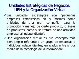 Unidades Estratégicas de Negocios  UEN y la Organización Virtual Las unidades estratégicas son “pequeñas empresas establecidas en sí mismas como unidades de una gran compañía, para la promoción y manejo de cierto producto, o líneas de productos, como si se tratará de una actividad empresarial independiente”. Una organización virtual es “un concepto más bien amplio referente a un grupo de empresas o individuos independientes, enlazados entre sí por medio de la tecnología de la información”. 
