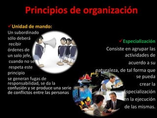 Principios de organización
Unidad de mando:
Un subordinado
sólo deberá
                                               Especialización
 recibir
órdenes de                               Consiste en agrupar las
un solo jefe,                                     actividades de
 cuando no se                                       acuerdo a su
 respeta este
principio
                                    naturaleza, de tal forma que
se generan fugas de                                      se pueda
responsabilidad, se da la                                  crear la
confusión y se produce una serie
de conflictos entre las personas.                Especialización
                                                 en la ejecución
                                                  de las mismas.
 