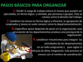 PASOS BÁSICOS PARA ORGANIZAR
         1. Dividir la carga de trabajo entera en tareas que puedan ser
 ejecutadas, en forma lógica y cómoda, por personas o grupos. Esto se
                                  conoce como la división del trabajo.
    2. Combinar las tareas en forma lógica y eficiente, la agrupación de
   empleados y tareas se suele conocer como la departamentalización.
        3. Especificar quien depende de quien en la organización, esta
         vinculación de los departamentos produce una jerarquía de la
                                                       organización.
                           4. establecer mecanismos para integrar    las
                                      actividades de los departamentos
                               en un todo congruente y para vigilar la
                          eficacia de dicha integración. Este proceso se
                                conoce con el nombre de coordinación.
 