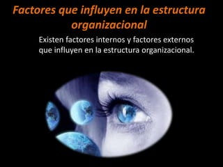 Factores que influyen en la estructura
           organizacional
     Existen factores internos y factores externos
     que influyen en la estructura organizacional.
 