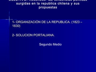 OBJETIVO: Reconocer las tendencias politicas
   surgidas en la republica chilena y sus
                propuestas



 1- ORGANIZACIÓN DE LA REPUBLICA. (1823 –
 1830)

 2- SOLUCION PORTALIANA.

                 Segundo Medio
 