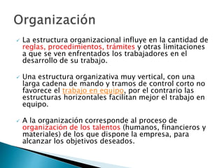  La estructura organizacional influye en la cantidad de 
reglas, procedimientos, trámites y otras limitaciones 
a que se ven enfrentados los trabajadores en el 
desarrollo de su trabajo. 
 Una estructura organizativa muy vertical, con una 
larga cadena de mando y tramos de control corto no 
favorece el trabajo en equipo, por el contrario las 
estructuras horizontales facilitan mejor el trabajo en 
equipo. 
 A la organización corresponde al proceso de 
organización de los talentos (humanos, financieros y 
materiales) de los que dispone la empresa, para 
alcanzar los objetivos deseados. 
 