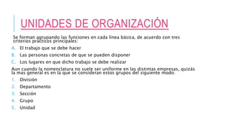 UNIDADES DE ORGANIZACIÓN
Se forman agrupando las funciones en cada línea básica, de acuerdo con tres
criterios prácticos principales:
A. El trabajo que se debe hacer
B. Las personas concretas de que se pueden disponer
C. Los lugares en que dicho trabajo se debe realizar
Aun cuando la nomenclatura no suele ser uniforme en las distintas empresas, quizás
la mas general es en la que se consideran estos grupos del siguiente modo:
1. División
2. Departamento
3. Sección
4. Grupo
5. Unidad
 