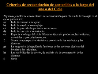 Criterios de secuenciación de contenidos a lo largo del año o del Ciclo Algunos ejemplos de estos criterios de secuenciación para el área de Tecnología en el ciclo, pueden ser: a) Ir de lo cercano a lo lejano b) Ir de lo simple a lo complejo c) Ir de lo general a lo particular o viceversa d) Ir de lo concreto a lo abstracto e) Repartir a lo largo del ciclo diferentes tipos de: productos, herramientas, materiales o procedimientos, etc. f) Seguir una perspectiva histórica o evolutiva de los artefactos y las técnicas. g) La progresiva delegación de funciones de las acciones técnicas del hombre a las máquinas. h) Las posibilidades de acción, de análisis y/o de comprensión de los alumnos í) Otros 