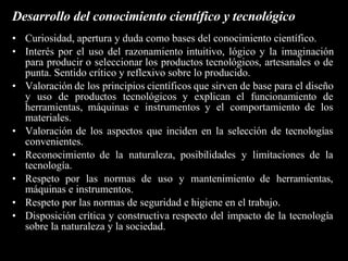 Bloque 5: Procedimientos relacionados con la tecnología: el análisis de productos y los proyectos tecnológicos. Realizar un análisis sistemático de productos tecnológicos, tangibles o no, con los propósitos de determinar el marco referencial que enmarcó su creación, la necesidad que se propuso satisfacer, los condicionamientos y posibilidades tecnológicas que influyeron en su diseño, su desarrollo histórico y el impacto que determinó en los distintos órdenes del mundo social, natural, artificial, simbólico, etc. Gestionar y desarrollar proyectos tecnológicos de mediana complejidad que respondan a demandas de las diferentes áreas, reconociendo, seleccionando y utilizando información y tecnologías convenientes y evaluando las consecuencias deseadas y no deseadas que la implementación de los mismos pueda ocasionar   