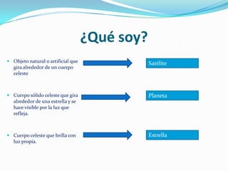 ¿Qué soy?Objeto natural o artificial que gira alrededor de un cuerpo celesteCuerpo sólido celeste que gira alrededor de una estrella y se hace visible por la luz que refleja.Cuerpo celeste que brilla con luz propia.SatélitePlanetaEstrella