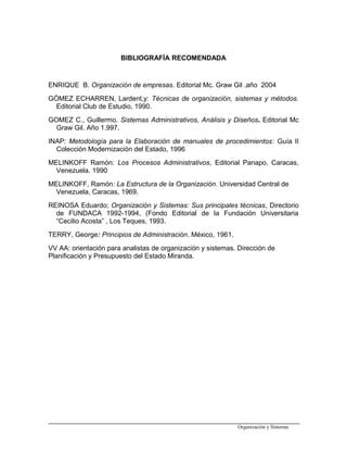 BIBLIOGRAFÍA RECOMENDADA
ENRIQUE B. Organización de empresas. Editorial Mc. Graw Gil .año 2004
GÓMEZ ECHARREN, Lardent,y: Técnicas de organización, sistemas y métodos.
Editorial Club de Estudio, 1990.
GOMEZ C., Guillermo. Sistemas Administrativos, Análisis y Diseños. Editorial Mc
Graw Gil. Año 1.997.
INAP: Metodología para la Elaboración de manuales de procedimientos: Guía II
Colección Modernización del Estado, 1996
MELINKOFF Ramón: Los Procesos Administrativos, Editorial Panapo, Caracas,
Venezuela. 1990
MELINKOFF, Ramón: La Estructura de la Organización. Universidad Central de
Venezuela, Caracas, 1969.
REINOSA Eduardo; Organización y Sistemas: Sus principales técnicas, Directorio
de FUNDACA 1992-1994, (Fondo Editorial de la Fundación Universitaria
“Cecilio Acosta” , Los Teques, 1993.
TERRY, George: Principios de Administración. México, 1961.
VV AA: orientación para analistas de organización y sistemas. Dirección de
Planificación y Presupuesto del Estado Miranda.
Organización y Sistemas
 