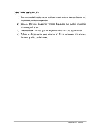 OBJETIVOS ESPECÍFICOS.
1) Comprender la importancia de justificar el quehacer de la organización con
diagramas y mapas de proceso.
2) Conocer diferentes diagramas y mapas de proceso que pueden emplearse
en una organización.
3) Entender los beneficios que los diagramas ofrecen a una organización
4) Aplicar la diagramación para resumir en forma ordenada operaciones,
formatos y métodos de trabajo.
Organización y Sistemas
 