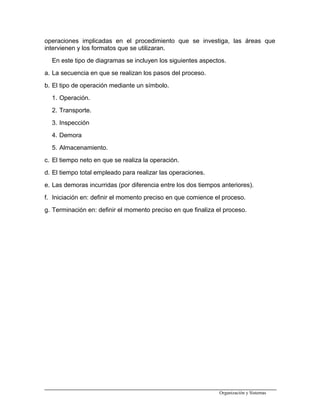 operaciones implicadas en el procedimiento que se investiga, las áreas que
intervienen y los formatos que se utilizaran.
En este tipo de diagramas se incluyen los siguientes aspectos.
a. La secuencia en que se realizan los pasos del proceso.
b. El tipo de operación mediante un símbolo.
1. Operación.
2. Transporte.
3. Inspección
4. Demora
5. Almacenamiento.
c. El tiempo neto en que se realiza la operación.
d. El tiempo total empleado para realizar las operaciones.
e. Las demoras incurridas (por diferencia entre los dos tiempos anteriores).
f. Iniciación en: definir el momento preciso en que comience el proceso.
g. Terminación en: definir el momento preciso en que finaliza el proceso.
Organización y Sistemas
 