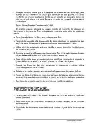 i. Siempre resultará mejor que el flujograma se muestre en una sola hoja, pero
cuando en su extensión se tenga que continuar en otra página, se señala
mediante un símbolo cualquiera dentro de un círculo, en la página donde se
interrumpe y el mismo que suele llamarse conector se colocará en otra página
como sigue.
Según Gómez Rondón, Francisco. Año 1.995:
El analista experto adoptará su propio método al momento de elaborar un
flujogramas o diagrama de flujo, es importante considerar entre otras las siguientes
pautas:
a. Especificar el objetivo del flujograma o diagrama de flujo.
b. Pasar de lo conocido a lo desconocido. Es decir, identificar los subsistemas que,
según se sabe, debe aparecer y desarrollar los que se relacionan con ellos.
c. Utilizar símbolos autorizados y de una plantilla, o sea un dispositivo de plástico con
los símbolos recortados.
d. Empezar a construir el flujograma o diagrama de flujo en la parte superior de cada
página; deben ir de arriba hacia abajo o de izquierda a derecha.
e. Cada página debe tener un encabezado que identifique claramente el proyecto, la
gráfica, la flecha (de revisión, si la hay), el autor y el número de páginas.
f. Cuando las líneas de flujo son numerosas en diagramas complejos, utilizar
conectores para reducir su número.
g. Establecer el nivel en que van a construirse los flujogramas o diagramas de flujo.
h. Reunir los flujos de entrada, de modo que las líneas de flujo que aparecen entrando
en un símbolo sean las menos posibles, lo mismo se harán con las líneas que salen.
i. Escribir en los símbolos, usando el menor número posible de palabras.
RECOMENDACIONES PARA EL USO
Y APLICACIÓN DE LOS FLUJOGRAMAS
1. La redacción del contenido del símbolo de operación debe ser realizada con frases
breves y sencillas
2. Evitar usar siglas, procure utilizar anotando el nombre completo de las unidades
administrativas.
3. El símbolo de documento debe contener el nombre original de la forma que se
utilice.
Organización y Sistemas
 