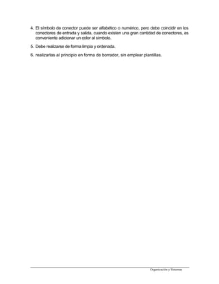 4. El símbolo de conector puede ser alfabético o numérico, pero debe coincidir en los
conectores de entrada y salida, cuando existen una gran cantidad de conectores, es
conveniente adicionar un color al símbolo.
5. Debe realizarse de forma limpia y ordenada.
6. realizarlas al principio en forma de borrador, sin emplear plantillas.
Organización y Sistemas
 