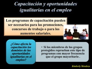 Los programas de capacitación pueden
 ser necesarios para las promociones,
    concursos de trabajo o para los
         aumentos salariales.

  ¿Cómo afecta la
   capacitación los    • Si los miembros de los grupos
   dominios de las     protegidos reprueban este tipo de
    oportunidades      programas con mayor frecuencia
  igualitarias en el       que el grupo mayoritario .
      empleo?

                                              Kimberly Mendoza
 