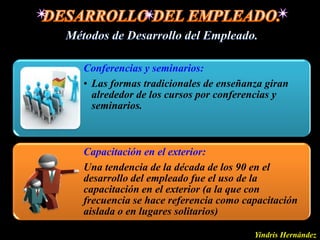 Conferencias y seminarios:
• Las formas tradicionales de enseñanza giran
  alrededor de los cursos por conferencias y
  seminarios.



Capacitación en el exterior:
Una tendencia de la década de los 90 en el
desarrollo del empleado fue el uso de la
capacitación en el exterior (a la que con
frecuencia se hace referencia como capacitación
aislada o en lugares solitarios)

                                     Yindris Hernández
 