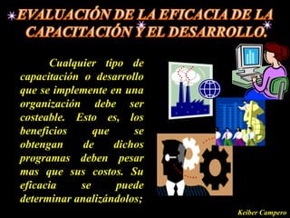 Cualquier tipo de
capacitación o desarrollo
que se implemente en una
organización debe ser
costeable. Esto es, los
beneficios     que     se
obtengan     de    dichos
programas deben pesar
mas que sus costos. Su
eficacia    se     puede
determinar analizándolos;
                            Keiber Campero
 
