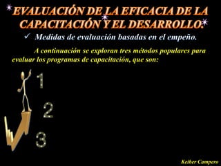 A continuación se exploran tres métodos populares para
evaluar los programas de capacitación, que son:




                                                     Keiber Campero
 