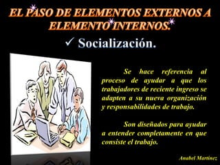 Se hace referencia al
proceso de ayudar a que los
trabajadores de reciente ingreso se
adapten a su nueva organización
y responsabilidades de trabajo.

       Son diseñados para ayudar
a entender completamente en que
consiste el trabajo.

                         Anabel Martínez
 