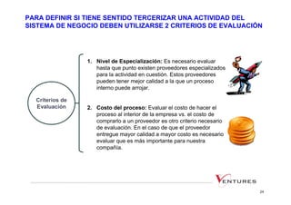 PARA DEFINIR SI TIENE SENTIDO TERCERIZAR UNA ACTIVIDAD DEL
SISTEMA DE NEGOCIO DEBEN UTILIZARSE 2 CRITERIOS DE EVALUACIÓN




                 1. Nivel de Especialización: Es necesario evaluar
                    hasta que punto existen proveedores especializados
                    para la actividad en cuestión. Estos proveedores
                    pueden tener mejor calidad a la que un proceso
                    interno puede arrojar.

  Criterios de
  Evaluación     2. Costo del proceso: Evaluar el costo de hacer el
                    proceso al interior de la empresa vs. el costo de
                    comprarlo a un proveedor es otro criterio necesario
                    de evaluación. En el caso de que el proveedor
                    entregue mayor calidad a mayor costo es necesario
                    evaluar que es más importante para nuestra
                    compañía.




                                                                          24
 