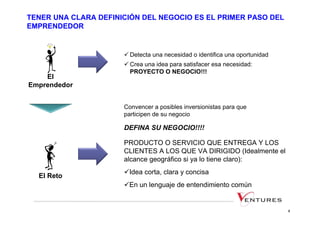 TENER UNA CLARA DEFINICIÓN DEL NEGOCIO ES EL PRIMER PASO DEL
EMPRENDEDOR


                        Detecta una necesidad o identifica una oportunidad
                        Crea una idea para satisfacer esa necesidad:
                        PROYECTO O NEGOCIO!!!
    El
Emprendedor


                      Convencer a posibles inversionistas para que
                      participen de su negocio

                      DEFINA SU NEGOCIO!!!!

                      PRODUCTO O SERVICIO QUE ENTREGA Y LOS
                      CLIENTES A LOS QUE VA DIRIGIDO (Idealmente el
                      alcance geográfico si ya lo tiene claro):
                       Idea corta, clara y concisa
  El Reto
                       En un lenguaje de entendimiento común


                                                                             4
 