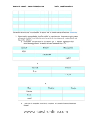 Servicio de asesoría y resolución de ejercicios ciencias_help@hotmail.com
www.maestronline.com
Recuerda hacer uso de los materiales de apoyo que se encuentran en el sitio de SimuProc.
7. Interpreta la representación de información en los diferentes sistemas numéricos y su
almacenamiento en memoria con una herramienta computacional, respondiendo los
siguientes criterios:
a. Realiza las conversiones de los valores que se indican, registra el valor
equivalente y presenta el desarrollo para obtener la solución.
Decimal Binario Hexadecimal
1289
1110011100
3A2EF
8.
Decimal Binario
2.56
1110.101
9.
Dato Carácter Binario
Nombre
Edad
e-mail
a. ¿Por qué es necesario realizar los procesos de conversión entre diferentes
bases?
 
