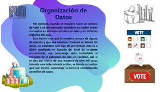 Organización de
Datos
Por ejemplo, cuando se requiere hacer un sondeo
de voto a un determinado candidato se suelen tomar
encuestas en distintos estratos sociales y en distintas
regiones del país.
Este hecho hace que la muestra carezca de alguna
desviación y que sea aleatoria. Cuando se tienen los
datos, se establece que tipo de porcentaje votaría a
dicho candidato en función del total de la gente
entrevistada; ese porcentaje sería trasladable al
conjunto de la población del país en cuestión. Así, si
el diez por ciento de una muestra de cien mil casos
tomaría una determinada acción, se tiende a concluir
que ese mismo porcentaje la tomaría considerando
un millón de casos.
 