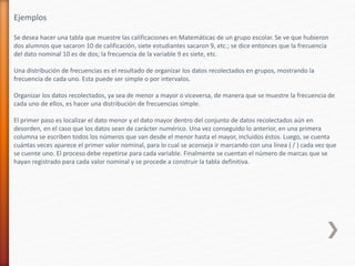 Ejemplos
Se desea hacer una tabla que muestre las calificaciones en Matemáticas de un grupo escolar. Se ve que hubieron
dos alumnos que sacaron 10 de calificación, siete estudiantes sacaron 9, etc.; se dice entonces que la frecuencia
del dato nominal 10 es de dos; la frecuencia de la variable 9 es siete, etc.
Una distribución de frecuencias es el resultado de organizar los datos recolectados en grupos, mostrando la
frecuencia de cada uno. Esta puede ser simple o por intervalos.
Organizar los datos recolectados, ya sea de menor a mayor o viceversa, de manera que se muestre la frecuencia de
cada uno de ellos, es hacer una distribución de frecuencias simple.
El primer paso es localizar el dato menor y el dato mayor dentro del conjunto de datos recolectados aún en
desorden, en el caso que los datos sean de carácter numérico. Una vez conseguido lo anterior, en una primera
columna se escriben todos los números que van desde el menor hasta el mayor, incluidos éstos. Luego, se cuenta
cuántas veces aparece el primer valor nominal, para lo cual se aconseja ir marcando con una línea ( / ) cada vez que
se cuente uno. El proceso debe repetirse para cada variable. Finalmente se cuentan el número de marcas que se
hayan registrado para cada valor nominal y se procede a construir la tabla definitiva.
 