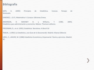 Bibliografía
SOTE, A. (2005) Principios de Estadística. Caracas: Panapo de
Venezuela.
GIMENEZ, J. (S.F). Matemática V. Caracas: Ediciones Eneva.
ANDERSON, D. SWEENEY D. y Williams, T. (1982, 2005).
Estadística para administración y economía. México: Thomson editores.
FREEDMAN, D., et al. (1991) Estadística. Barcelona: A.Bosch Ed
TANUR, J. (1992) La Estadística, una Guía de lo Desconocido. Madrid: Alianza Editorial.
URIEL, E. y MUñIZ, M. (1988) Estadística Económica y Empresarial. Teoría y ejercicios. Madrid:
AC.
 