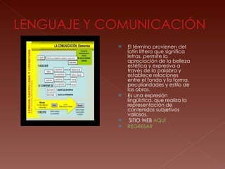 El término provienen del latín littera que significa letras, permite la apreciación de la belleza estética y expresiva a través de la palabra y establece relaciones entre el fondo y la forma, peculiaridades y estilo de las obras. Es una expresión lingüística, que realiza la representación de contenidos subjetivos valiosos. SITIO WEB  AQUÍ REGRESAR 