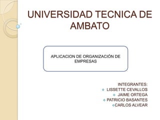 UNIVERSIDAD TECNICA DE
       AMBATO


    APLICACION DE ORGANIZACIÓN DE
              EMPRESAS




                                INTEGRANTES:
                          LISSETTE CEVALLOS
                               JAIME ORTEGA
                          PATRICIO BASANTES
                              CARLOS ALVEAR
 