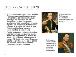 Guerra Civil de 1829
 En 1829 fue elegido Francisco Antonio
Pinto como presidente nuevamente.
Para el cargo de vicepresidente, sin
embargo, fue impuesto por los
liberales la persona de Joaquín
Vicuña, que sólo aparecía en el cuarto
lugar de las votaciones. Esta situación
provocó el estallido del conflicto que
Pinto intentó aplacar en vano,
renunciando a la presidencia.
 Estalla una guerra civil entre liberales
y conservadores que culmina con la
derrota de los primeros, a manos de
José Joaquín Prieto, en la Batalla de
Lircay. (17 de abril de 1830). Tras esta
batalla se produce la represión contra
los liberales y la instauración del
conservadurismo en el poder.
Francisco Antonio
Pinto, con su
renuncia trató de
impedir la guerra civil
en 1829
José Joaquín
Prieto, venció a
Freire en Lircay,
comenzando el
periodo de
hegemonía
conservadora
 