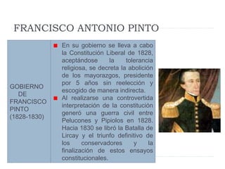 FRANCISCO ANTONIO PINTO
GOBIERNO
DE
FRANCISCO
PINTO
(1828-1830)
En su gobierno se lleva a cabo
la Constitución Liberal de 1828,
aceptándose la tolerancia
religiosa, se decreta la abolición
de los mayorazgos, presidente
por 5 años sin reelección y
escogido de manera indirecta.
Al realizarse una controvertida
interpretación de la constitución
generó una guerra civil entre
Pelucones y Pipiolos en 1828.
Hacia 1830 se libró la Batalla de
Lircay y el triunfo definitivo de
los conservadores y la
finalización de estos ensayos
constitucionales.
 