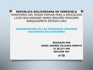 REPUBLICA BOLIVARIANA DE VENEZUELA
MINISTERIO DEL PODER POPUAR PARA A EDUCACION
LICEO BOLIVARIANO MARIO BRICEÑO IRAGORRI
BARQUISIMETO ESTADO LARA
ORGANIZACIÓN DE LAS FUERZASAD ARMADAS
NACIONAES BOLIVARIANAS
REAIZADO POR
ANGEL ANDRES VILLEGAS ARROYO
CI 30.317.260
SECCION 404
N°10
 