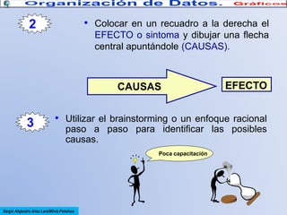 • Colocar en un recuadro a la derecha el

2

EFECTO o sintoma y dibujar una flecha
central apuntándole (CAUSAS).

CAUSAS

3

EFECTO

• Utilizar el brainstorming o un enfoque racional
paso a paso para identificar las posibles
causas.
Poca capacitación

Sergio Alejandro Arias Lara/Milvia Peñaloza

 