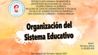 REPÚBLICA BOLIVARIANA DE VENEZUELA
UNIVERSIDAD BICENTENARIA DE ARAGUA
VICERRECTORADO ACADÉMICO
FACULTAD DE CIENCIAS ADMINISTRATIVA Y SOCIALES
ESCUELA DE ADMINISTRACION DE EMPRESAS
SAN JOAQUÍN DE TURMERO - ESTADO ARAGUA
Autor:
Anmary Ziems
V-30.005.459
San Joaquín de Turmero, Marzo 2021
 