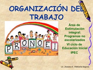 Lic. Jhowany E. Villafuerte Segovia
ORGANIZACIÓN DEL
TRABAJO
Área de
Estimulación
integral:
Programas no
escolarizados
VI ciclo de
Educación Inicial
IPEC
 
