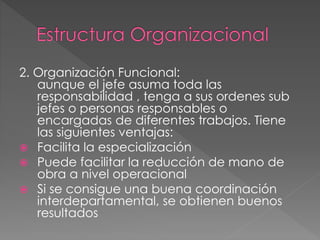 2. Organización Funcional:
aunque el jefe asuma toda las
responsabilidad , tenga a sus ordenes sub
jefes o personas responsables o
encargadas de diferentes trabajos. Tiene
las siguientes ventajas:
 Facilita la especialización
 Puede facilitar la reducción de mano de
obra a nivel operacional
 Si se consigue una buena coordinación
interdepartamental, se obtienen buenos
resultados
 