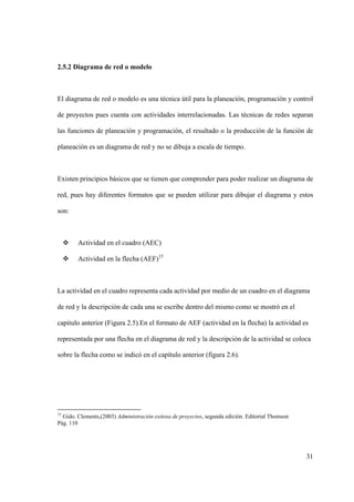 31
2.5.2 Diagrama de red o modelo
El diagrama de red o modelo es una técnica útil para la planeación, programación y control
de proyectos pues cuenta con actividades interrelacionadas. Las técnicas de redes separan
las funciones de planeación y programación, el resultado o la producción de la función de
planeación es un diagrama de red y no se dibuja a escala de tiempo.
Existen principios básicos que se tienen que comprender para poder realizar un diagrama de
red, pues hay diferentes formatos que se pueden utilizar para dibujar el diagrama y estos
son:
 Actividad en el cuadro (AEC)
 Actividad en la flecha (AEF)15
La actividad en el cuadro representa cada actividad por medio de un cuadro en el diagrama
de red y la descripción de cada una se escribe dentro del mismo como se mostró en el
capitulo anterior (Figura 2.5).En el formato de AEF (actividad en la flecha) la actividad es
representada por una flecha en el diagrama de red y la descripción de la actividad se coloca
sobre la flecha como se indicó en el capítulo anterior (figura 2.6).
15
Gido. Clements,(2003) Administración exitosa de proyectos, segunda edición. Editorial Thomson
Pág. 110
 
