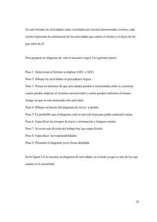 32
En este formato las actividades están vinculadas por círculos denominados eventos, cada
evento representa la culminación de las actividades que entran al mismo y el inicio de las
que salen de él.
Para preparar un diagrama de red es necesario seguir los siguientes pasos:
Paso 1. Seleccionar el formato a emplear (AEC o AEF).
Paso 2. Dibujar las actividades en precedencia lógica.
Paso 3. Pensar en términos de que actividades pueden ir relacionadas entre sí, examinar
cuales pueden empezar al terminar una actividad y cuales pueden realizarse al mismo
tiempo en que se esté realizando otra actividad.
Paso 4. Dibujar un boceto del diagrama de red no a detalle.
Paso 5. Es preferible que el diagrama esté en una sola hoja para poder analizarlo mejor.
Paso 6. Especificar los tiempos de inicio y terminación y holguras totales.
Paso 7. Si existe una división del trabajo hay que especificarlo.
Paso 8. Especificar las responsabilidades.
Paso 9. Presentar el diagrama ya en forma detallada.
En la figura 2.8 se muestra un diagrama de actividades en el nodo ya que es uno de los más
usados en la actualidad.
 
