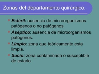 Zonas del departamento quirúrgico.
Estéril: ausencia de microorganismos
patógenos o no patógenos.
Aséptico: ausencia de microorganismos
patógenos.
Limpio: zona que teóricamente esta
limpia.
Sucio: zona contaminada o susceptible
de estarlo.
 