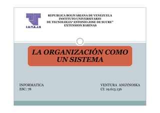 REPUBLICA BOLIVARIANA DE VENEZUELA
                     INSTITUTO UNIVERSITARIO
              DE TECNOLOGIA“ANTONIO JOSE DE SUCRE”
                        EXTENSION BARINAS




     LA ORGANIZACIÓN COMO
          UN SISTEMA


INFORMATICA                                VENTURA ANGYNOSKA
ESC: 78                                    CI: 19.613.136
 