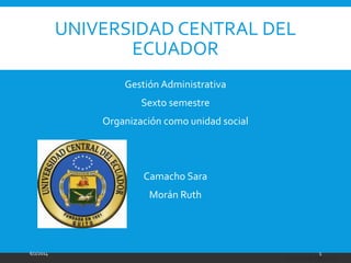 CARLOS A. SORIA M.
UNIVERSIDAD CENTRAL DEL
ECUADOR
Gestión Administrativa
Sexto semestre
Organización como unidad social
Camacho Sara
Morán Ruth
6/2/2014 1
 