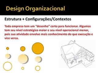 Estrutura + Configurações/Contextos
Toda empresa tem um “desenho” certo para funcionar. Algumas
tem seu nível estratégico maior e seu nível operacional menor,
pois sua atividade envolve mais conhecimento do que execução e
vice versa.
 