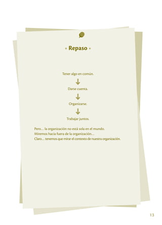 • Repaso •


                   Tener algo en común.


                       Darse cuenta.


                        Organizarse.


                      Trabajar juntos.

Pero… la organización no está sola en el mundo.
Miremos hacia fuera de la organización…
Claro… tenemos que mirar el contexto de nuestra organización.




                                                                13
 