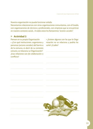 Capacitación para Organizaciones de Base




Nuestra organización no puede funcionar aislada.
Necesitamos relacionarnos con otras organizaciones comunitarias, con el Estado,
con organizaciones de técnicos y profesionales, con empresas que se encuentran
en nuestro contexto social... A todos estos los llamaremos “actores sociales”.

u   Actividad 3
Piensen en su propia Organización          • ¿Existen algunas con las que la Orga-
• ¿Con qué instituciones, organismos y     nización no se relaciona y podría ha-
personas (actores sociales) del barrio o   cerlo? ¿Cuáles?
de la comuna, es decir de su contexto
cercano, se relaciona su Organización?
¿Esas relaciones son de colaboración o
conflicto?




                                                                                                  19
 