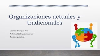 Organizaciones actuales y
tradicionales
Valentina Bohórquez Ávila
Profesional de lenguas modernas
Teorías organizativas
 