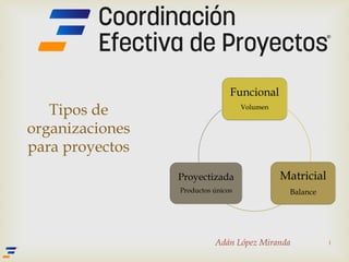 Funcional
Volumen
Matricial
Balance
Proyectizada
Productos únicos
Tipos de
organizaciones
para proyectos
Adán López Miranda 1
 