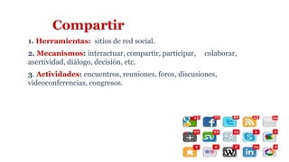 Compartir
1. Herramientas: sitios de red social.
2. Mecanismos: interactuar, compartir, participar, colaborar,
asertividad, diálogo, decisión, etc.
3. Actividades: encuentros, reuniones, foros, discusiones,
videoconferencias, congresos.
 