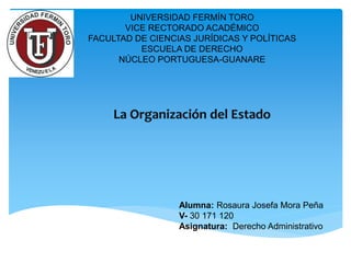 UNIVERSIDAD FERMÍN TORO
VICE RECTORADO ACADÉMICO
FACULTAD DE CIENCIAS JURÍDICAS Y POLÍTICAS
ESCUELA DE DERECHO
NÚCLEO PORTUGUESA-GUANARE
Alumna: Rosaura Josefa Mora Peña
V- 30 171 120
Asignatura: Derecho Administrativo
 