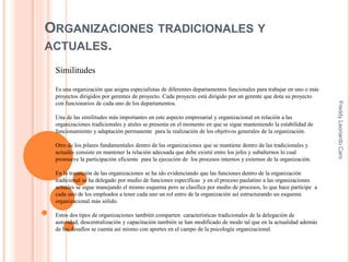 ORGANIZACIONES TRADICIONALES Y
ACTUALES.
Similitudes
Es una organización que asigna especialistas de diferentes departamentos funcionales para trabajar en uno o más
proyectos dirigidos por gerentes de proyecto. Cada proyecto está dirigido por un gerente que dota su proyecto
con funcionarios de cada uno de los departamentos.
Una de las similitudes más importantes en este aspecto empresarial y organizacional en relación a las
organizaciones tradicionales y atules se presenta en el momento en que se sigue manteniendo la estabilidad de
funcionamiento y adaptación permanente para la realización de los objetivos generales de la organización.
Otro de los pilares fundamentales dentro de las organizaciones que se mantiene dentro de las tradicionales y
actuales consiste en mantener la relación adecuada que debe existir entre los jefes y subalternos lo cual
promueve la participación eficiente para la ejecución de los procesos internos y externos de la organización.
En la transición de las organizaciones se ha ido evidenciando que las funciones dentro de la organización
tradicional se ha delegado por medio de funciones específicas y en el proceso paulatino a las organizaciones
actuales se sigue manejando el mismo esquema pero se clasifica por medio de procesos, lo que hace partícipe a
cada uno de los empleados a tener cada uno un rol entro de la organización así estructurando un esquema
organizacional más sólido.
Estos dos tipos de organizaciones también comparten características tradicionales de la delegación de
autoridad, descentralización y capacitación también se han modificado de modo tal que en la actualidad además
de los desafíos se cuenta así mismo con aportes en el campo de la psicología organizacional.
FreddyLeonardoCaro
 