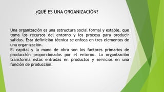 ¿QUÉ ES UNA ORGANIZACIÓN?
Una organización es una estructura social formal y estable, que
toma los recursos del entorno y ...