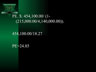 PE. $: 454,100.00/ (1-
 (215,000.00/4,140,000.00)).

454,100.00/18.27

PE=24.85
 